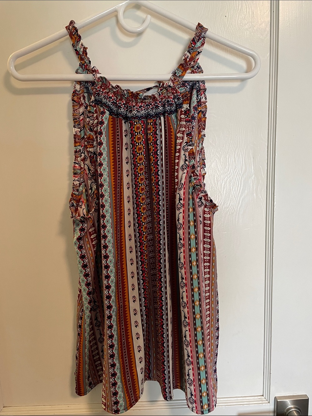 Liverpool Multi-Stripe Ruffle-Trim Sleeveless Top